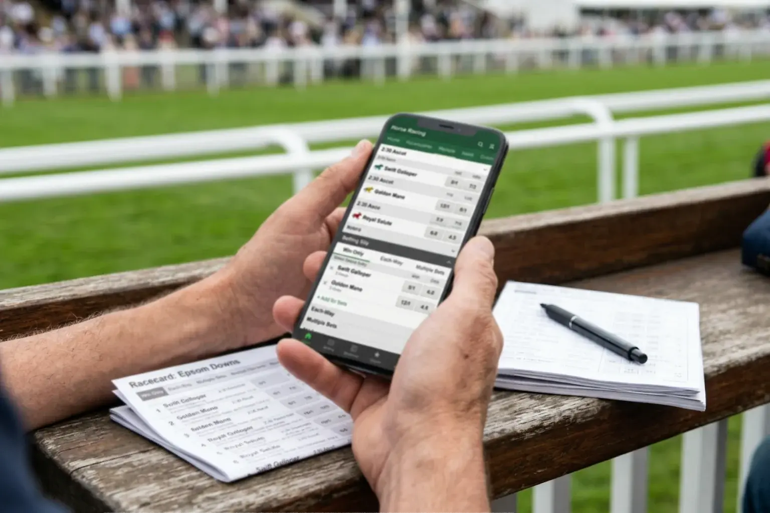 Close-up of a punter using a smartphone betting app while holding a racecard at a British racecourse