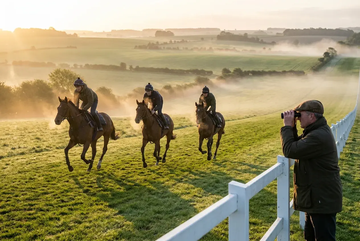 Early morning view of horses exercising on a misty training gallops with a trainer watching from the rail