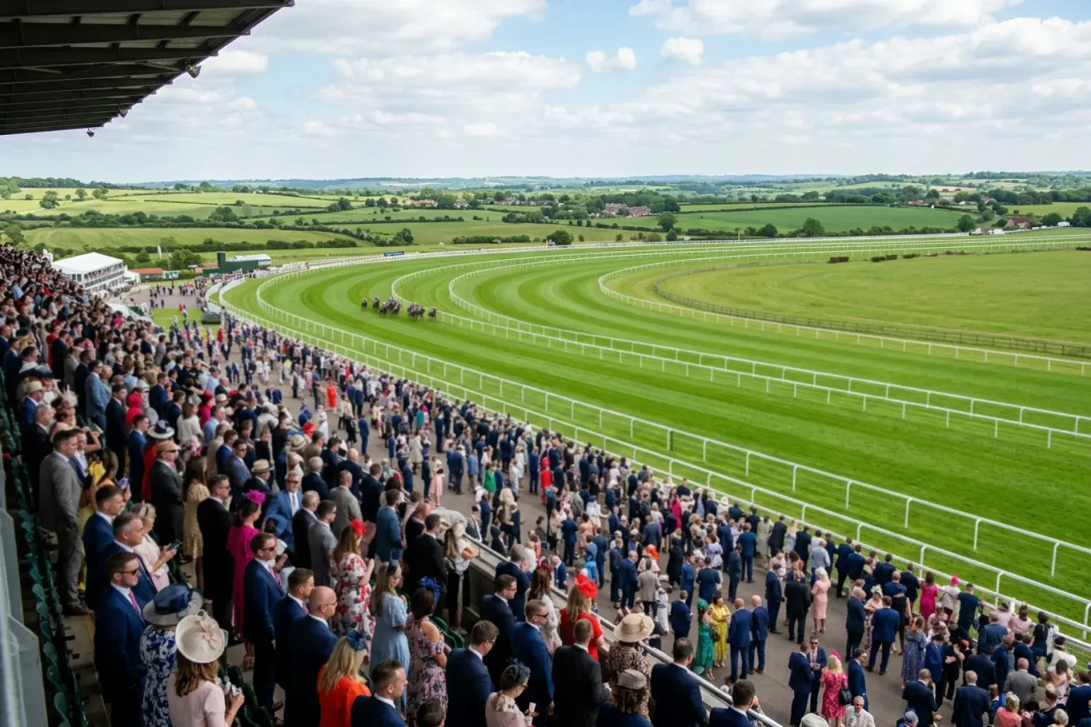 Aerial view of a packed grandstand at a major British horse racing festival with the green racecourse and rolling countryside beyond