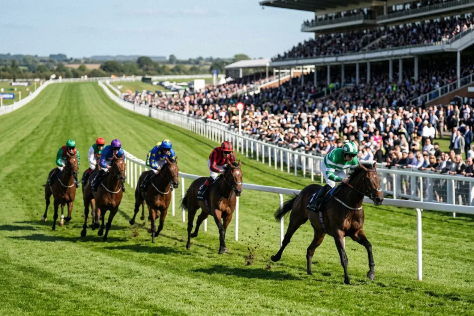 Overhead view of a British racecourse during a competitive race day with packed grandstands and a full field of runners