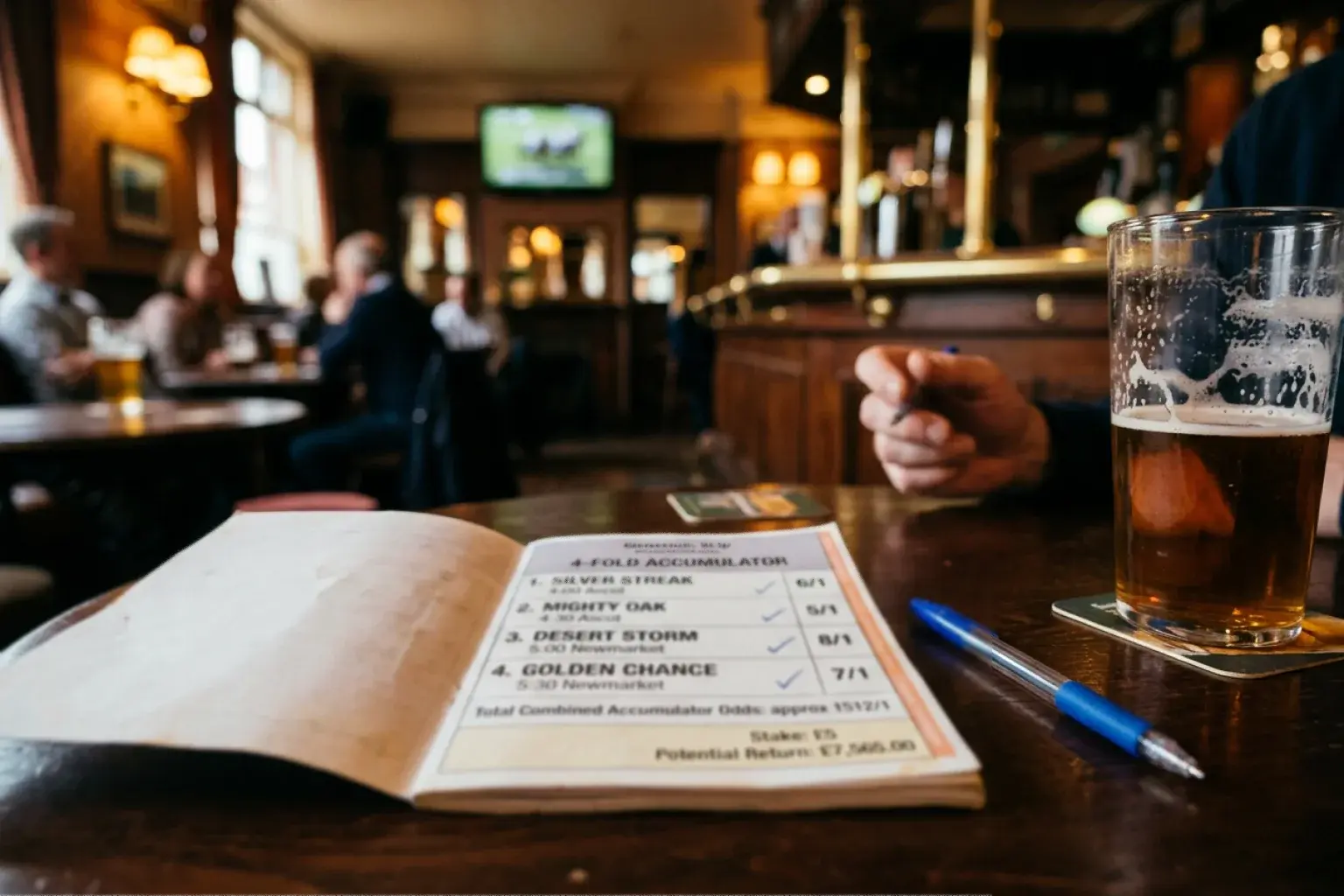 Accumulator bet slip showing four horse racing selections with combined odds