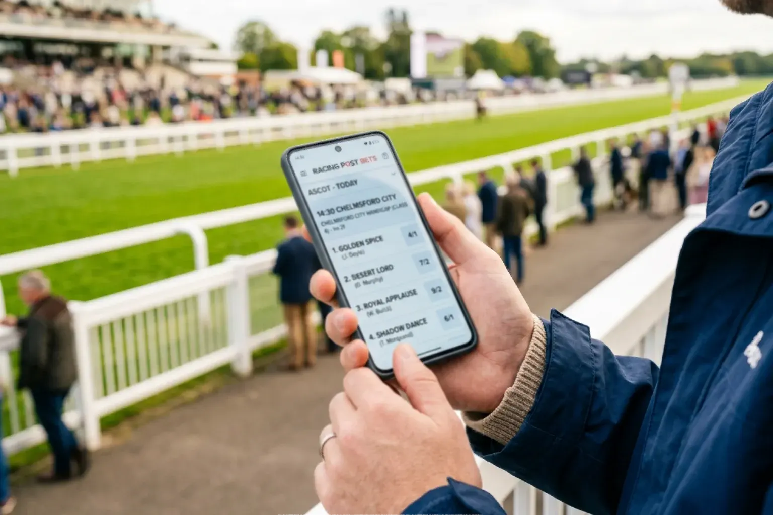 Collection of mobile betting app interfaces showing horse racing markets and racecards