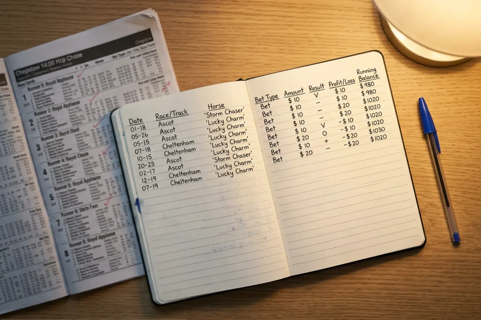 Notebook showing betting bankroll tracking alongside horse racing form guides