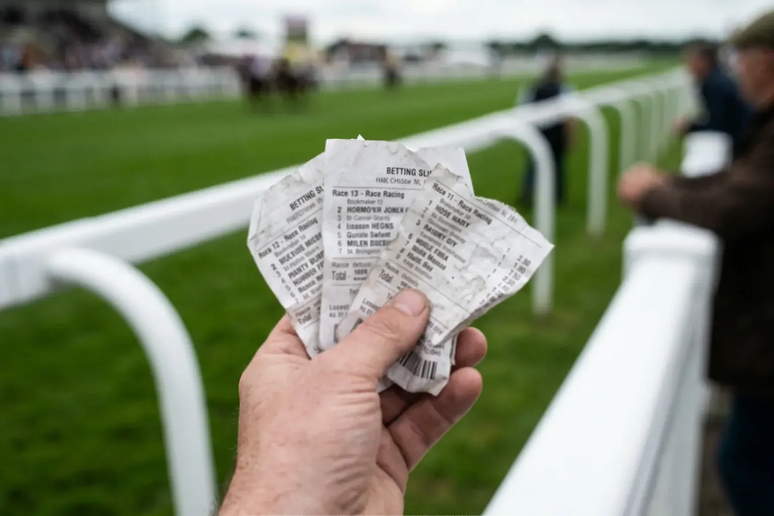 Frustrated punter reviewing losing betting slips at a racecourse