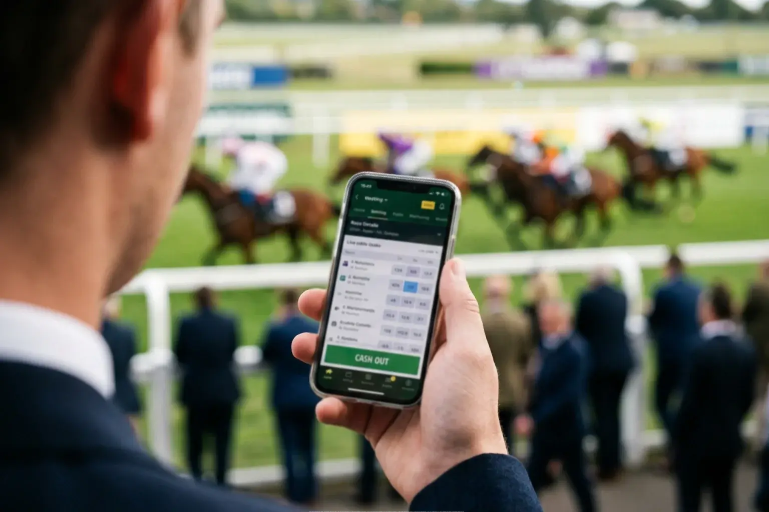Mobile betting screen showing a cash out offer on a live horse race