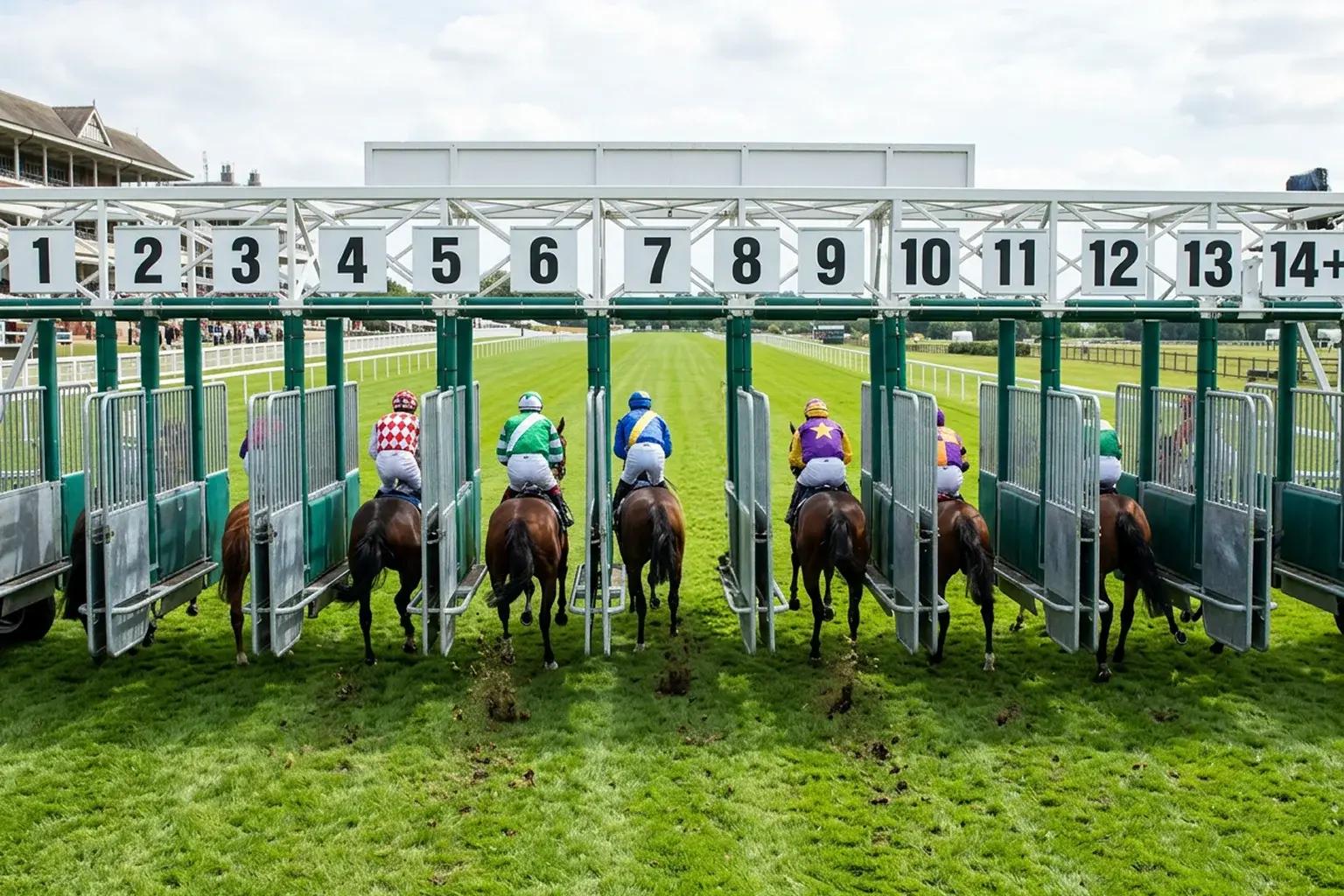Starting stalls opening at a flat racecourse with runners breaking from different positions