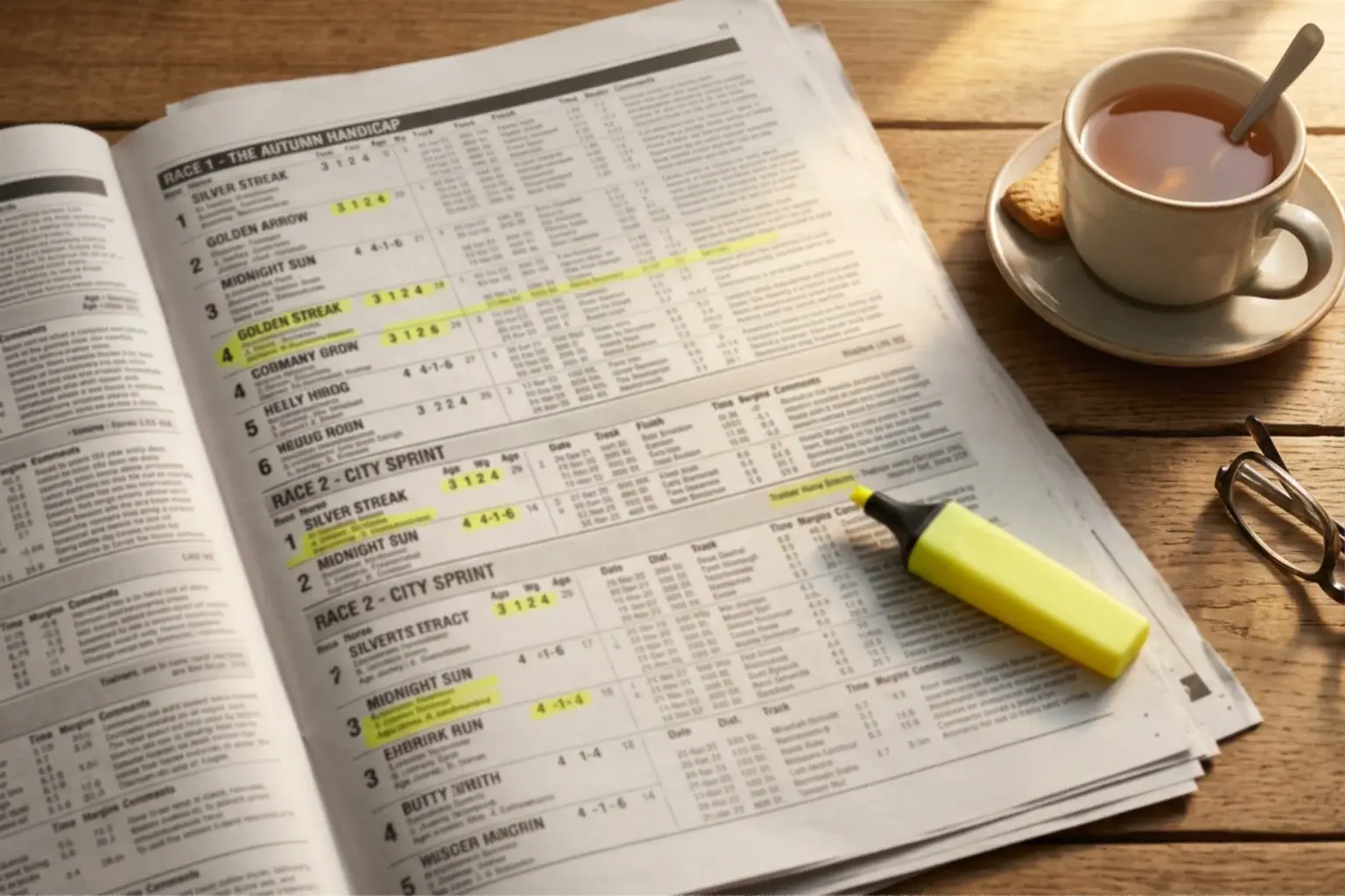 Detailed horse racing form guide page with performance figures and race history highlighted