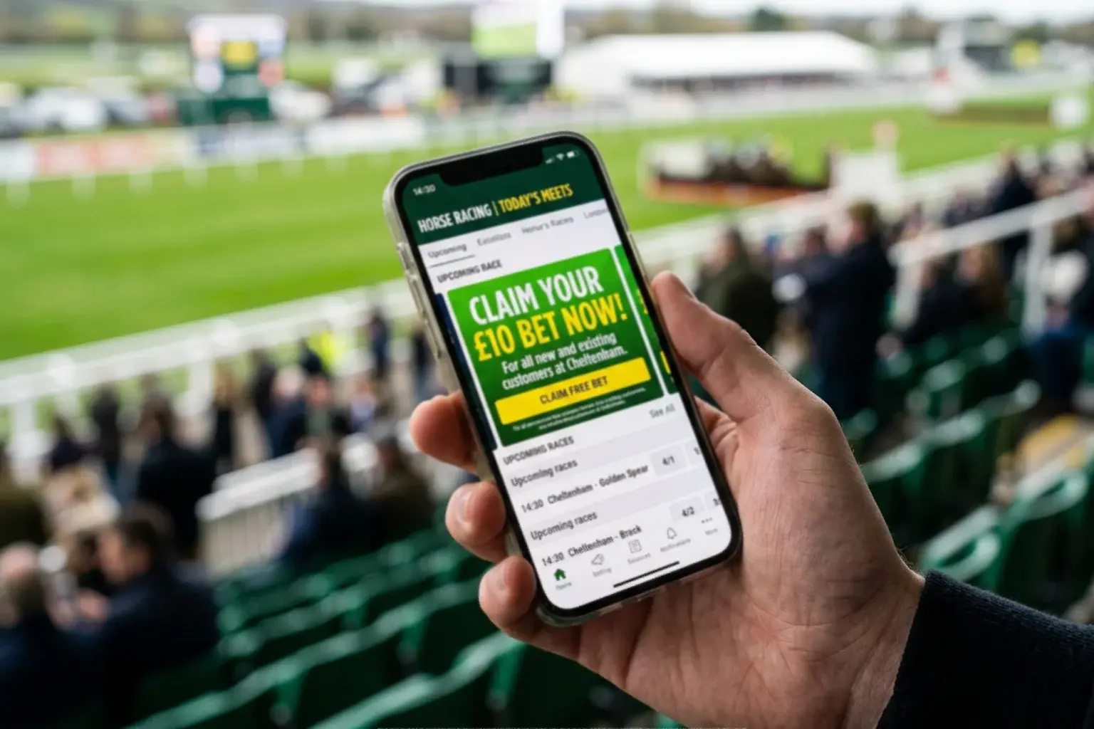 Horse racing free bet offers displayed on a mobile betting app screen