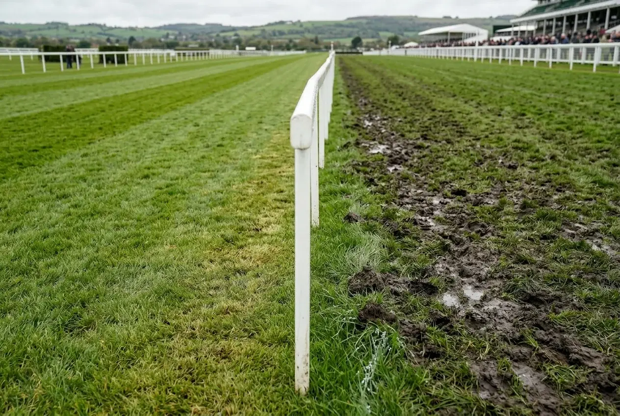 Split view of a horse racing track showing contrasting firm and soft ground conditions