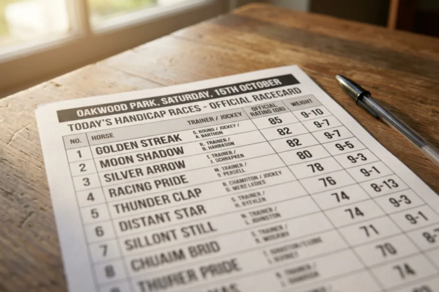 Close-up of a handicap race racecard showing official ratings and weight allocations