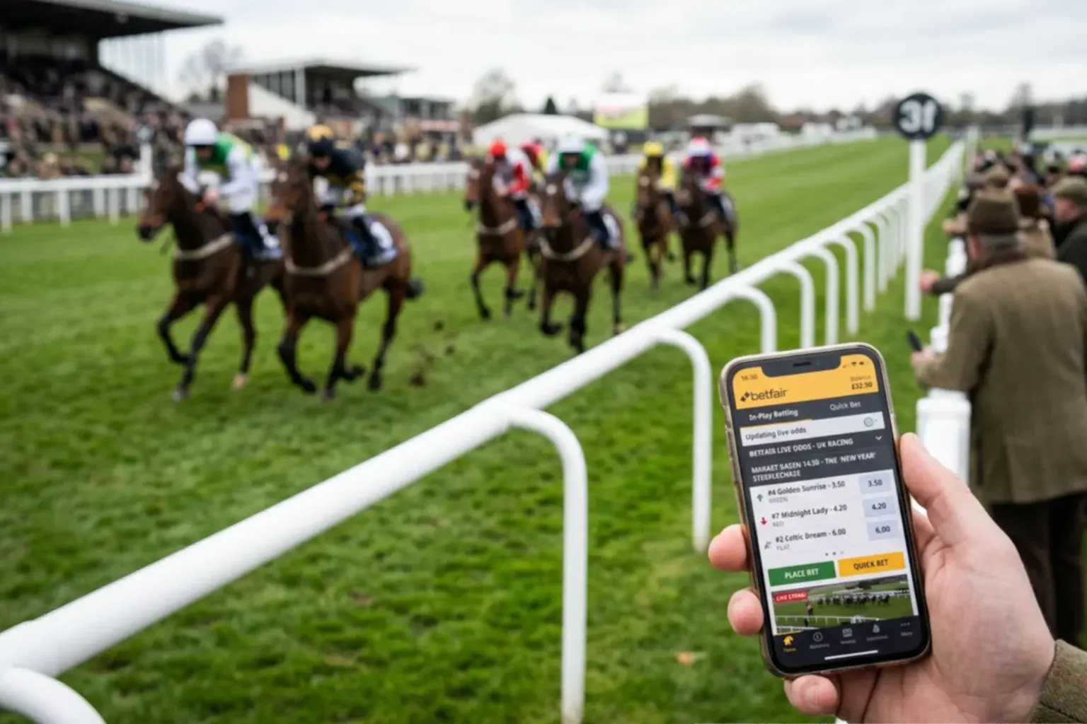 Live horse race in progress with in-play betting odds updating on a mobile screen