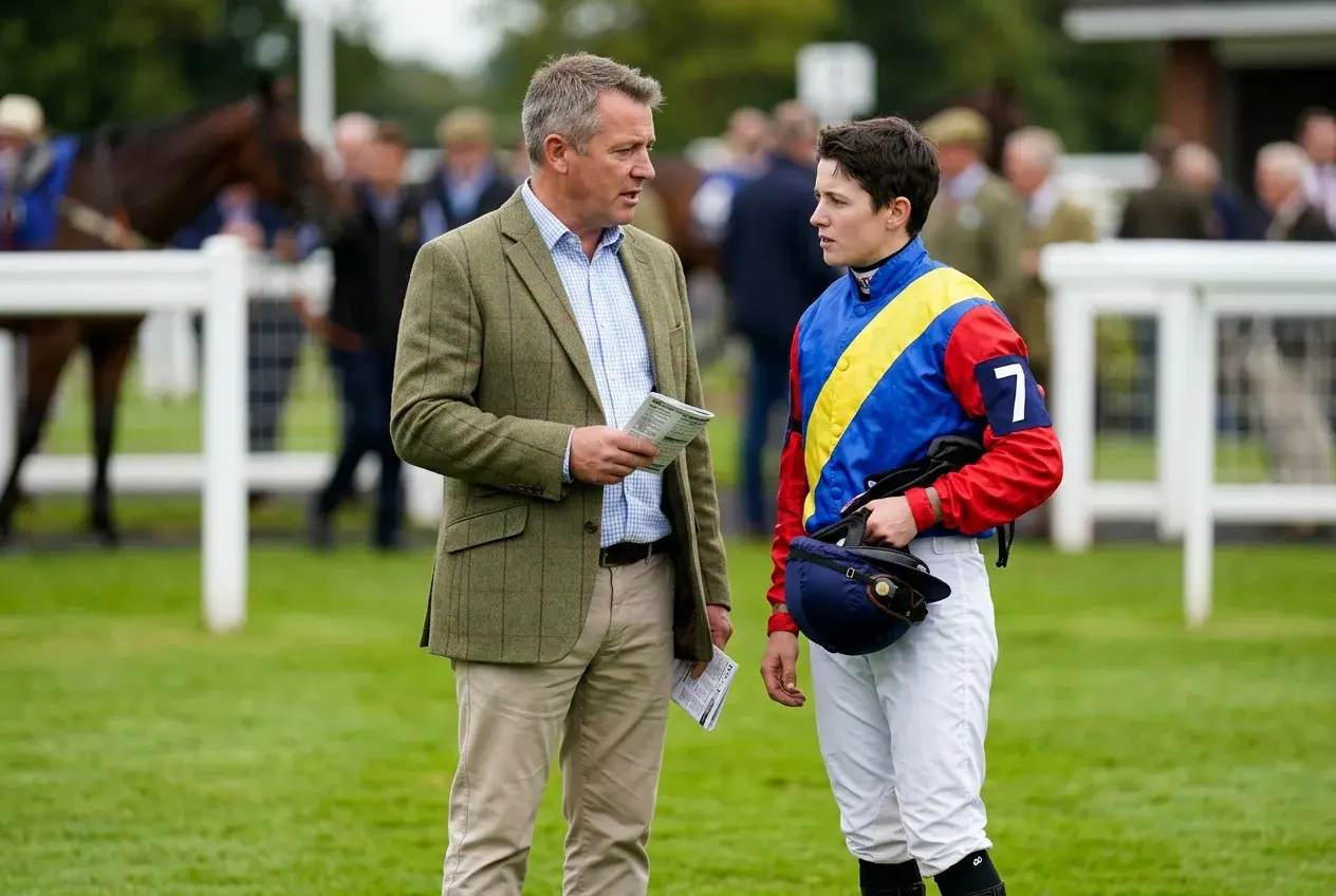 Trainer and jockey in discussion at a racecourse paddock before a race
