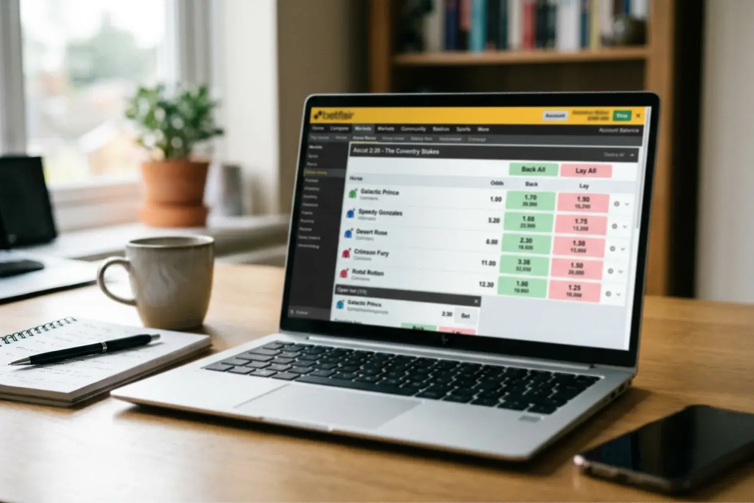 Betting exchange screen showing back and lay prices for a horse race