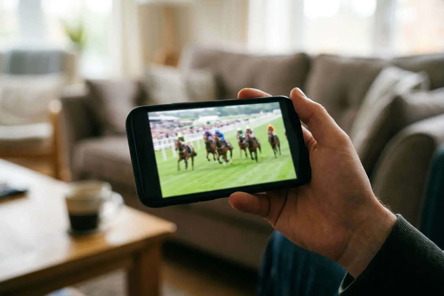 Mobile phone showing a live horse racing stream with betting odds overlay