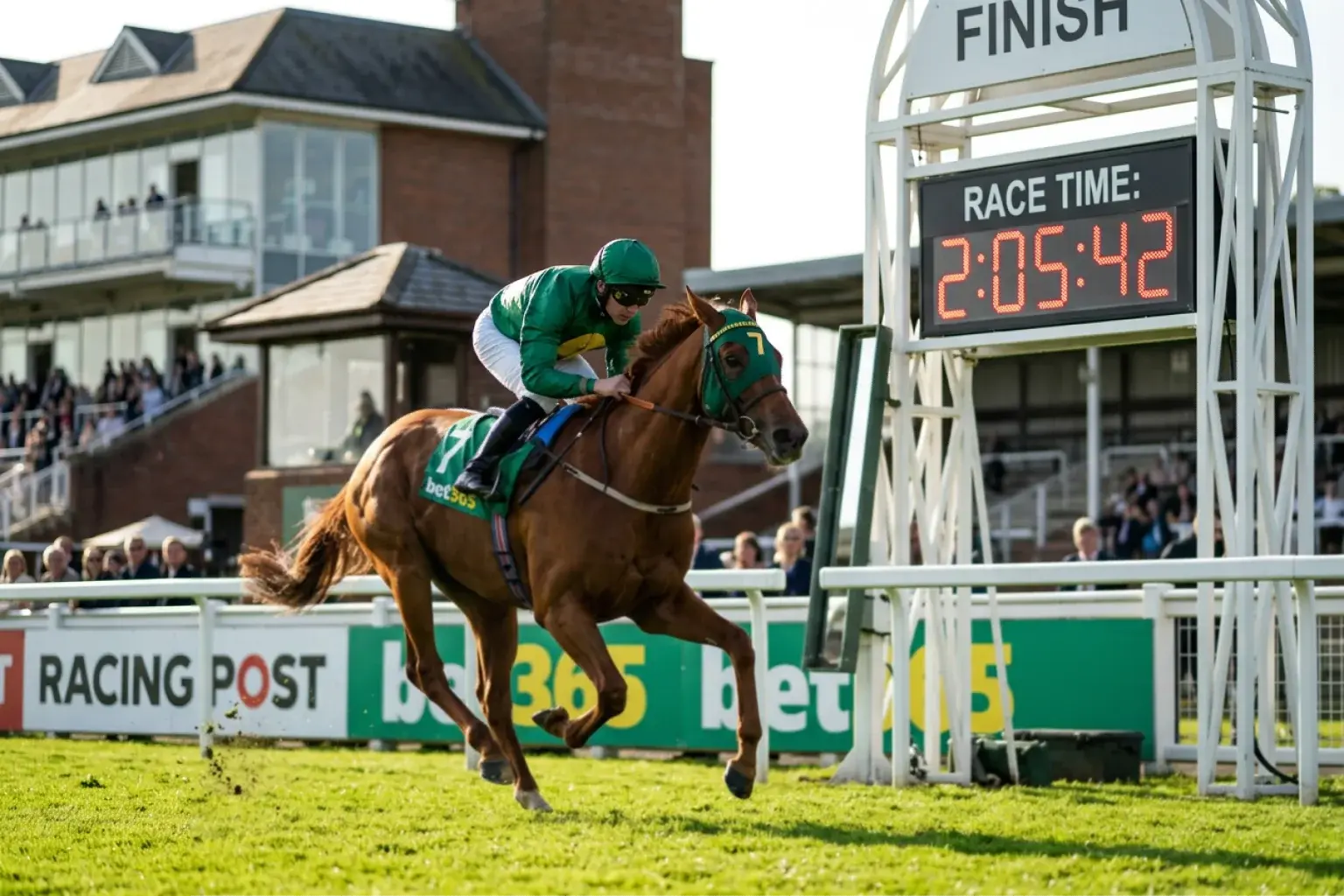 Stopwatch overlay on a horse crossing the finishing line at a flat race meeting