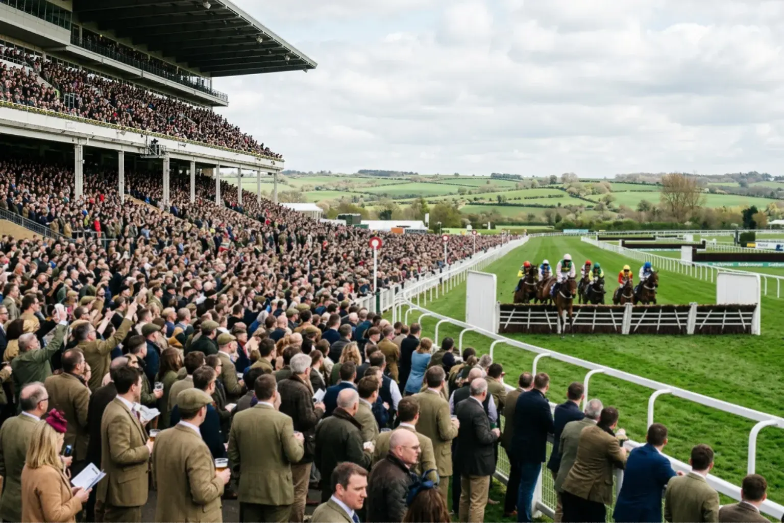 Packed racecourse grandstand during a major spring jump racing festival