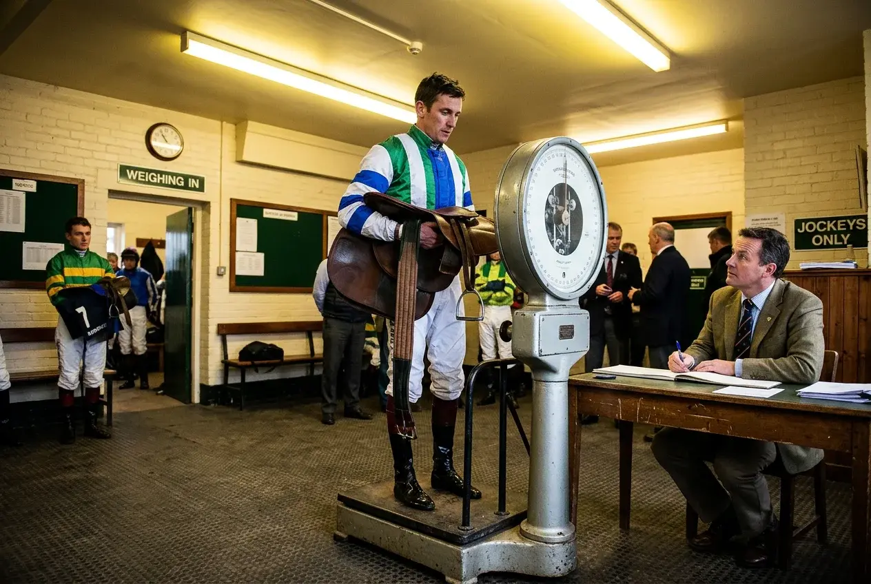 Jockey weighing in before a handicap race with the clerk of scales
