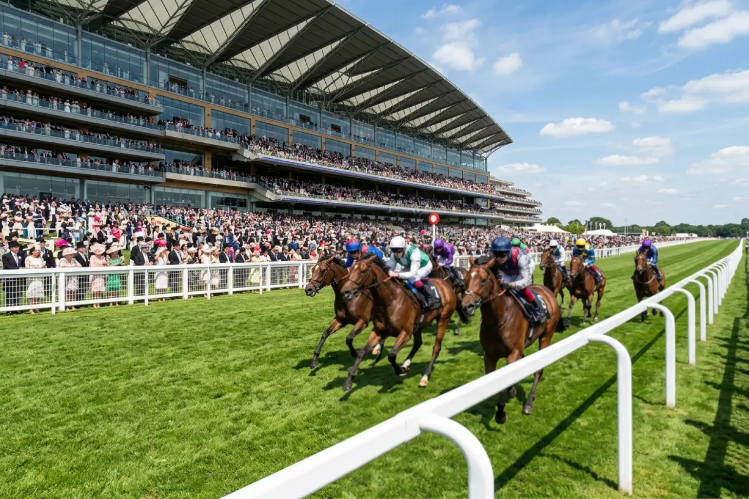 Royal Ascot racecourse with runners approaching the finishing post on a sunny afternoon