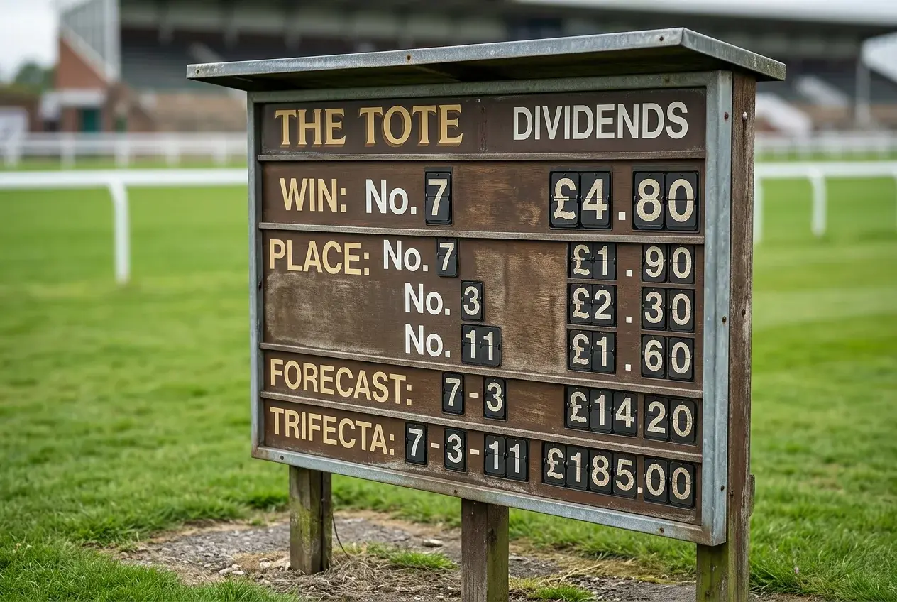 Tote pool betting board at a British racecourse showing dividend prices