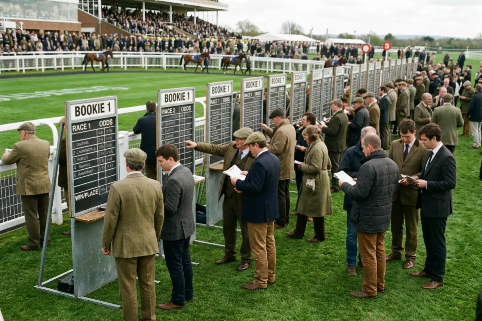 Wide-angle view of a busy British racecourse betting ring with punters studying odds boards on a sunny race day