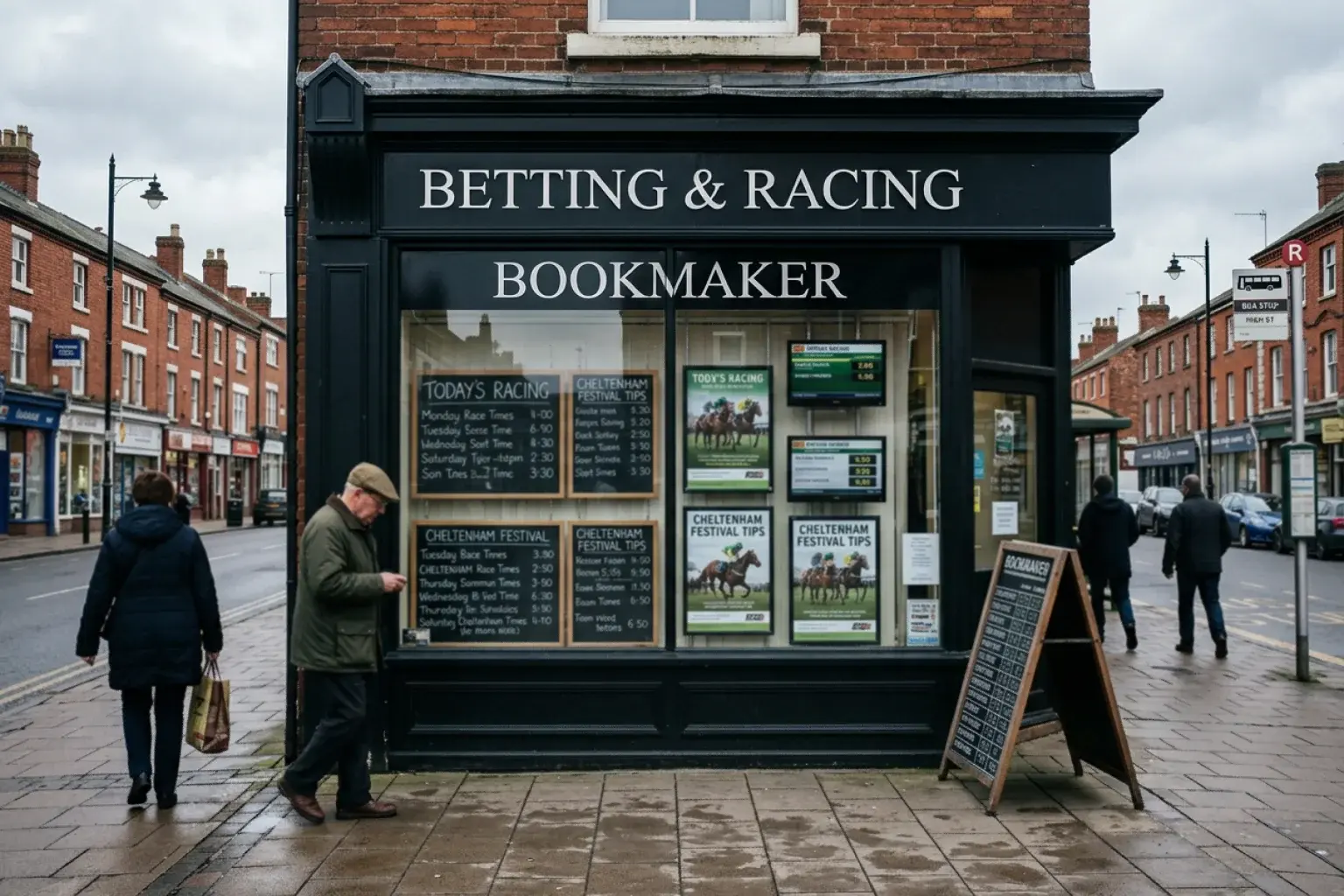 Exterior of a traditional British high street bookmaker shop with horse racing displays in the window