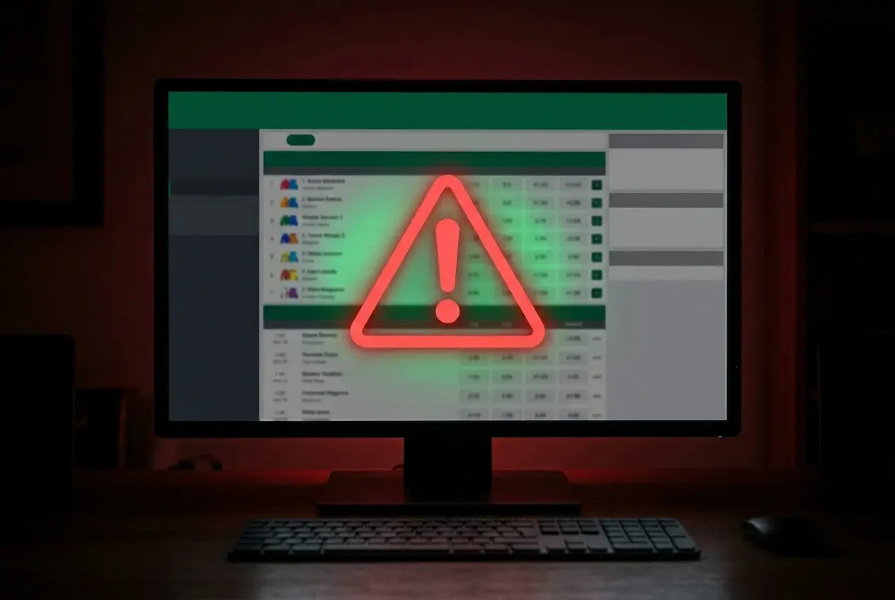 Warning sign overlaid on a shadowy online betting interface representing unlicensed operators